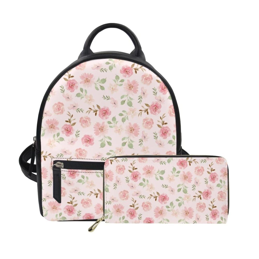 1679 2-Piece Backpack and Wallet Leather Mini Backpack Rucksack Portable